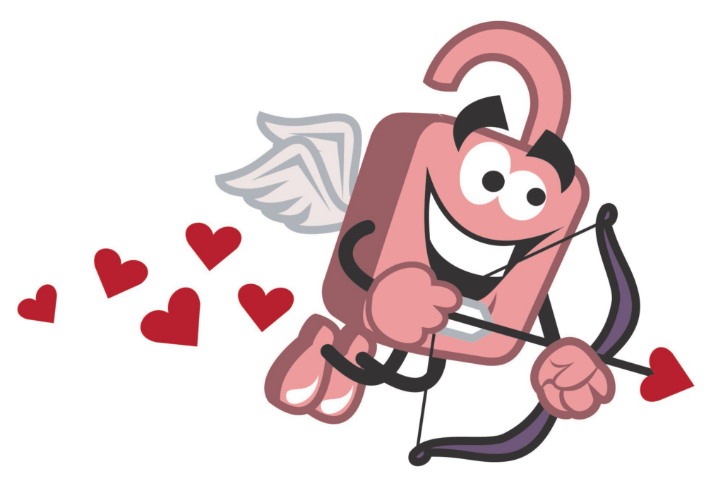 pink lock mascot graphic dressed up as cupid with a bow and arrow