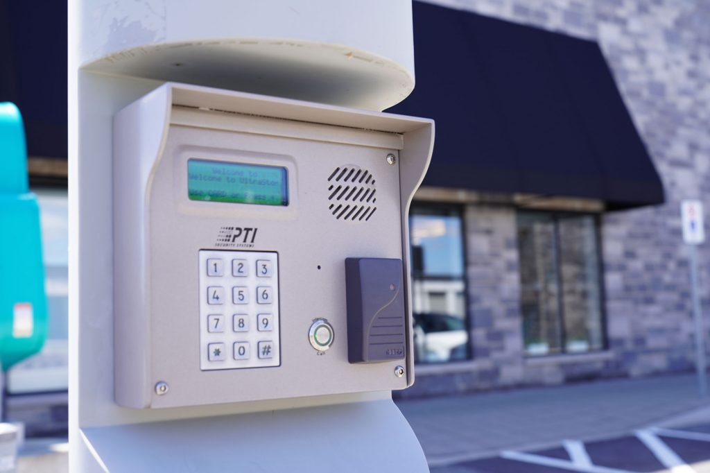 A secure UltraStor lock, featuring key card access, code access and a speaker for added security. The UltraStor building is in the background.